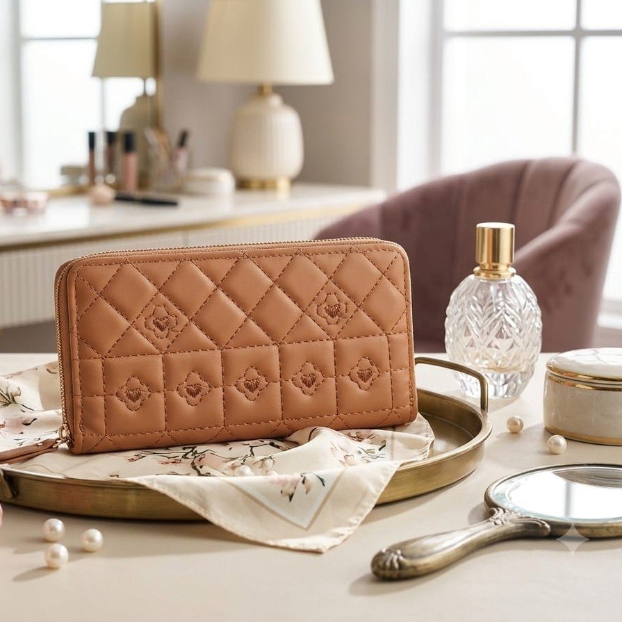Luxury Tan Caramel Quilted Zip Around Wallet for Women - PU Leather Long Wallet with Multiple Card Slots